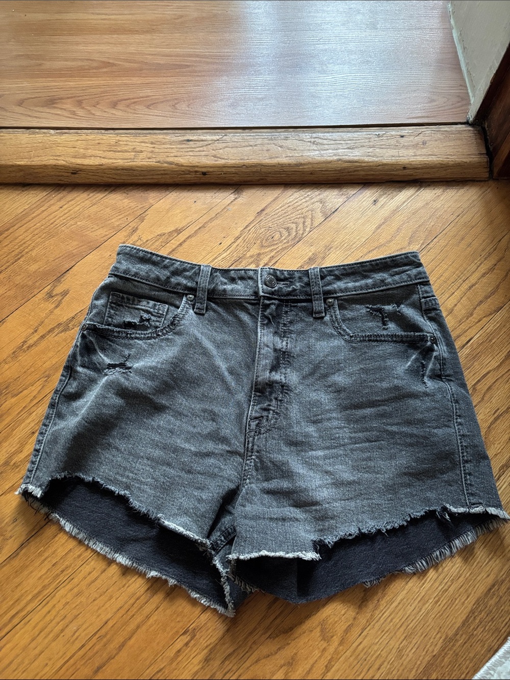 High-Rise Distressed Women's Denim Shorts - Charcoal Gray With Raw Hem